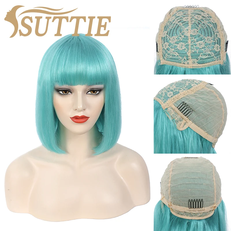 Парик Suttie из человеческих волос мятно-зеленого цвета короткий парик с челкой