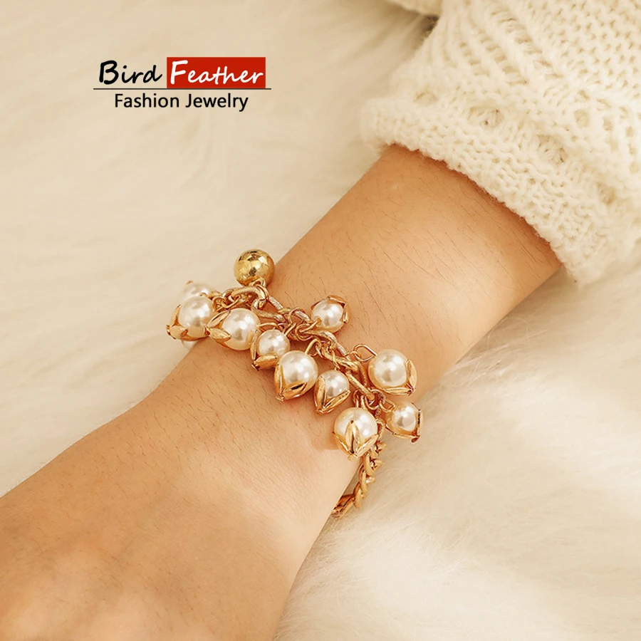 Золотой цвет богемный ручной работы Плетение большой сплав браслет из жемчужин