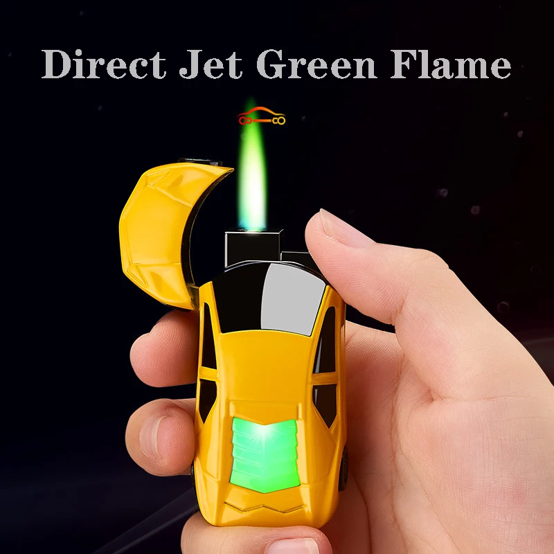 Creative sport car lighter gas inflate ignition with key buckle LED lights zinc alloy blue direct jet green flame smoking gift | Дом и сад