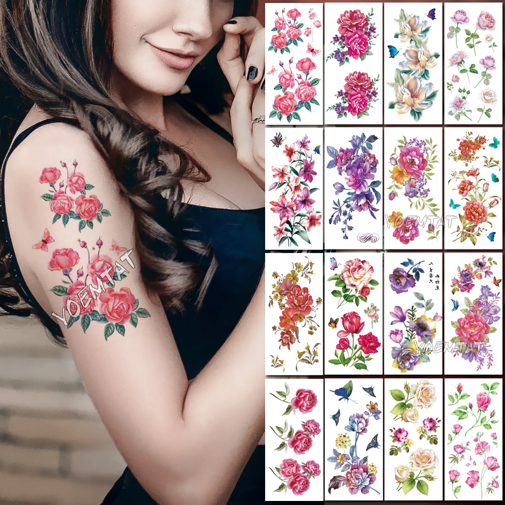 

Peony Plum 3D Flower Temporary Tattoos for Women Hand Tattoo Sticker Lily Rose Body Chest Art Waterproof Arm Fake Tatoo