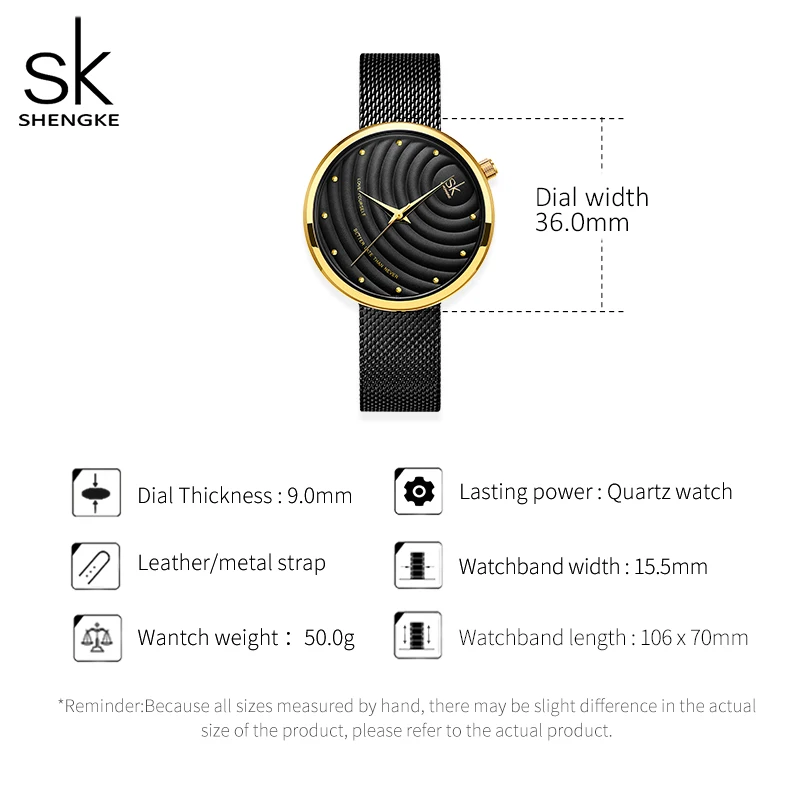 Часы Shengke женские с черным циферблатом креативные водонепроницаемые кварцевые