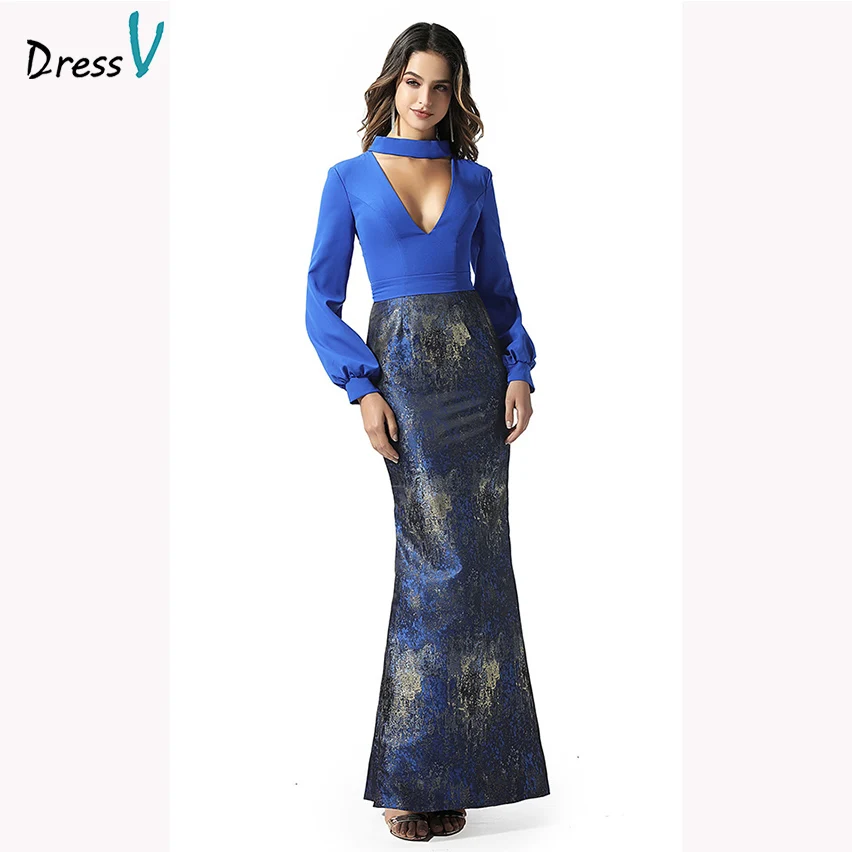 

Dressv Royal Blue Evening Dress Mermaid Long Sleeves Printing Ankle Length Zipp Up Wedding Party Formal Evening Dresses