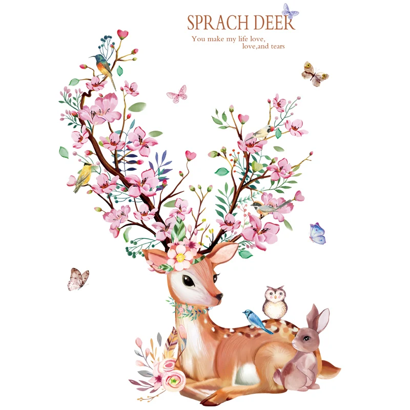 

[SHIJUEHEZI] Flowers Plant Wall Stickers DIY Deer Animal Wall Decals for Living Room Kids Bedroom Kitchen Home Decoration