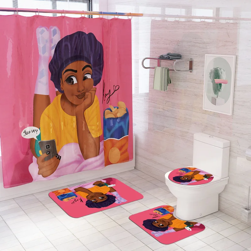 Розовая улыбающаяся африканская американская девушка чипы с Шторы для Ванная