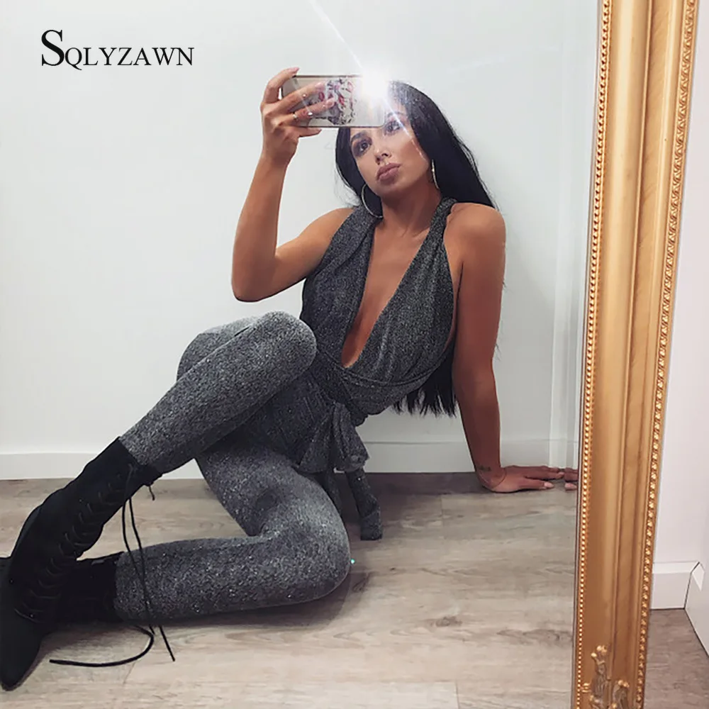 Сексуальный блестящий комбинезон для женщин с открытыми плечами на шнуровке