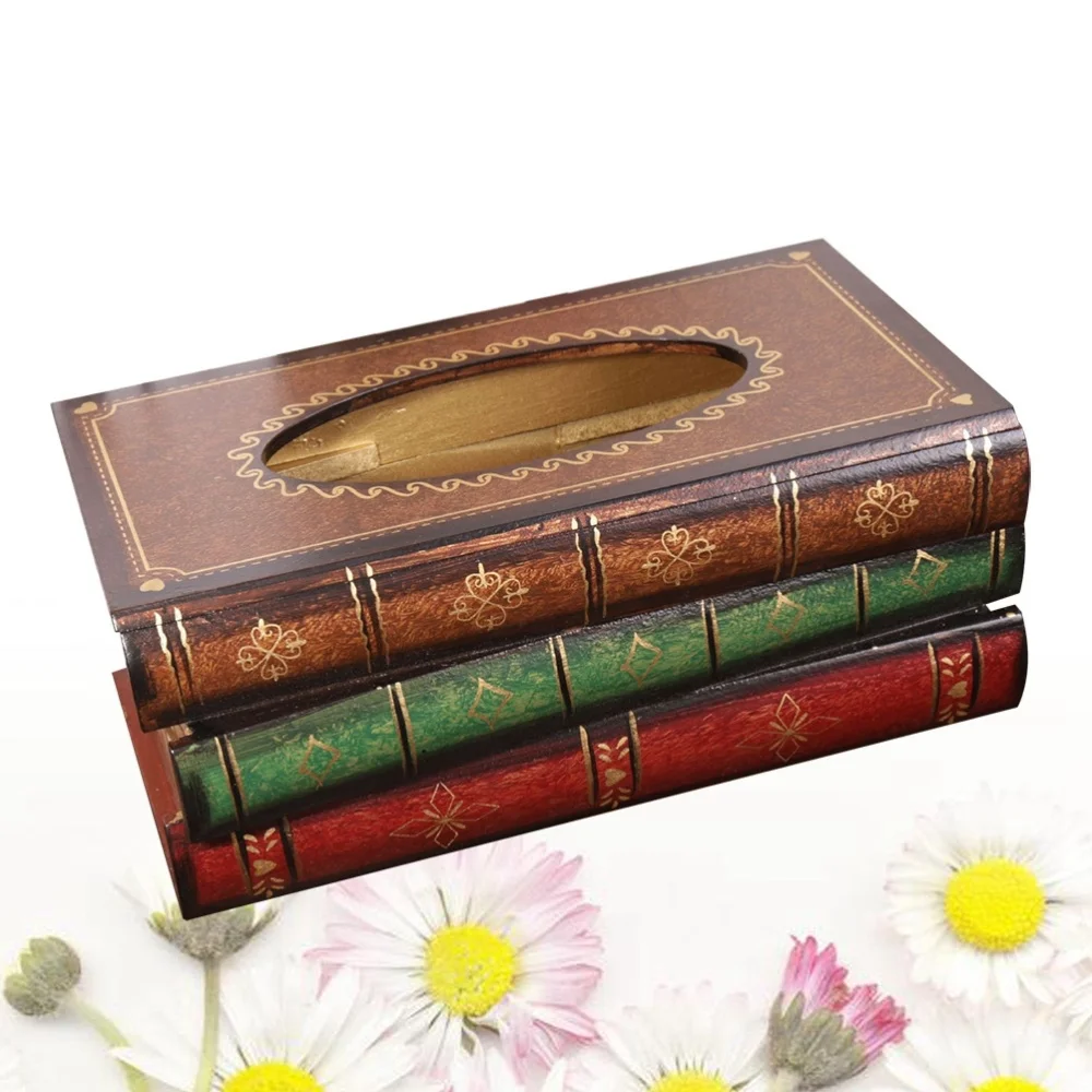 

1 PC Creative Retro Style Book Shape Tissue Box Wooden Container Tissue Holder Case for Home Office Decoration (Random Color)