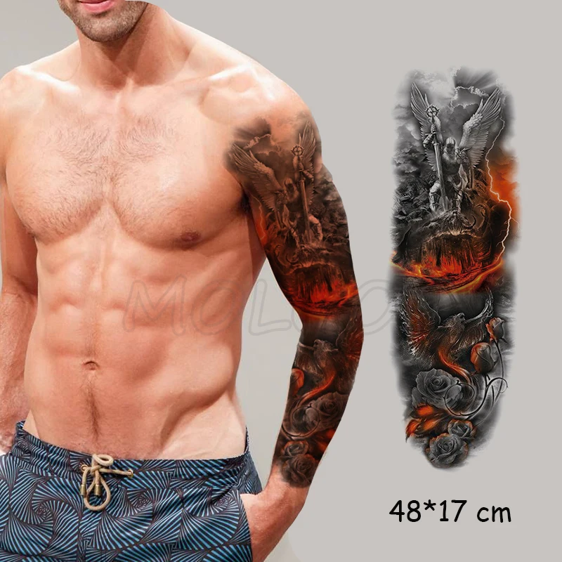 Водонепроницаемая Временная тату-наклейка полная рука ангел воин меч цветок