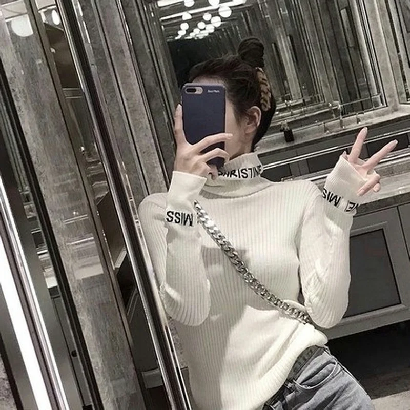 Водолазка Woherb Женский вязаный свитер с буквенным принтом пуловер новинка 2022