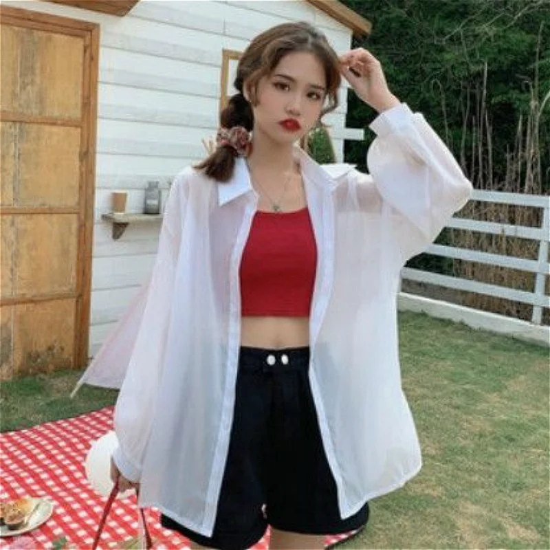 

4 Colors Shirts Women Perspective Simple Basic Leisure Plus Size Sun-protection Summer All-match Korean Style Chiffon Ladies Top