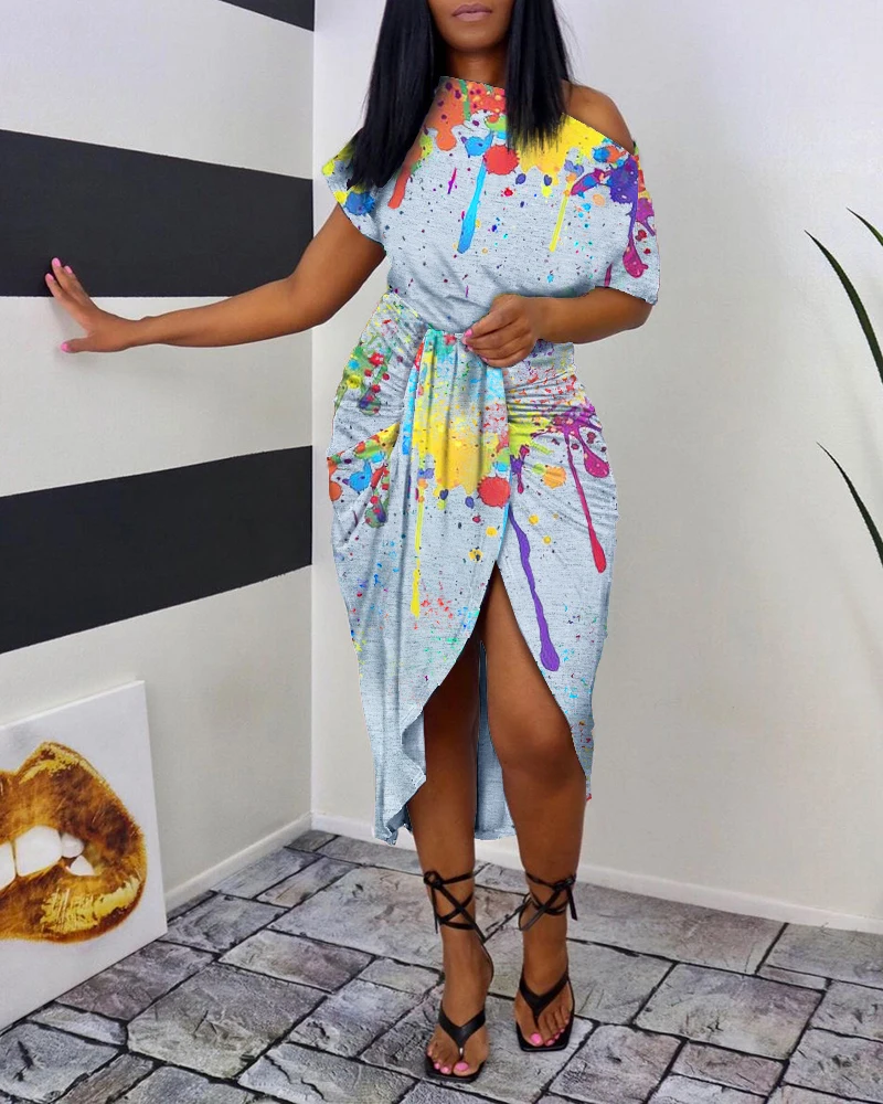 

2021 Summer New Fashion Sexy Strapless Ink Printed Hem Pleated Thin Dress Streetwear
