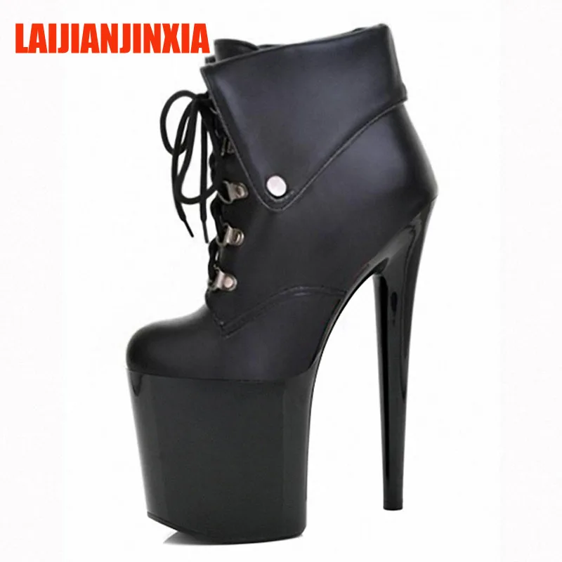 

New super high heels in 2018, 20cm tall, low-tube boots on belt buckle faux leather, banquet dancing shoes