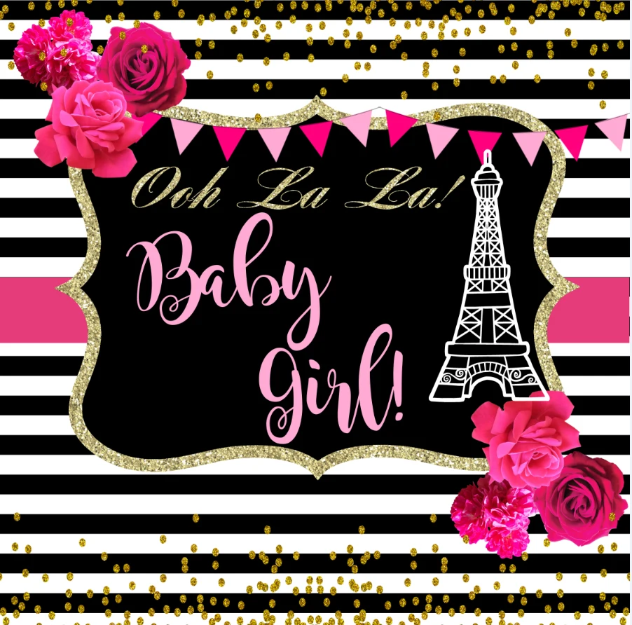 

8x8FT Pink Flowers Eiffel Tower Gold Coins Black Stripes Baby Shower Custom Photo Studio Background Backdrop Vinyl 240cm x 240cm