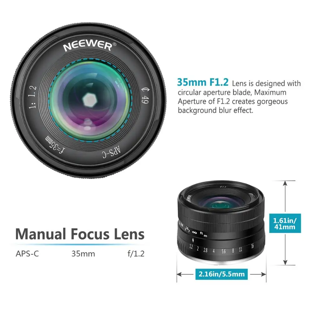 Neewer 35 мм F1.2 алюминиевая линза с большой диафрагмой Prime Для беззеркальных камер Fuji