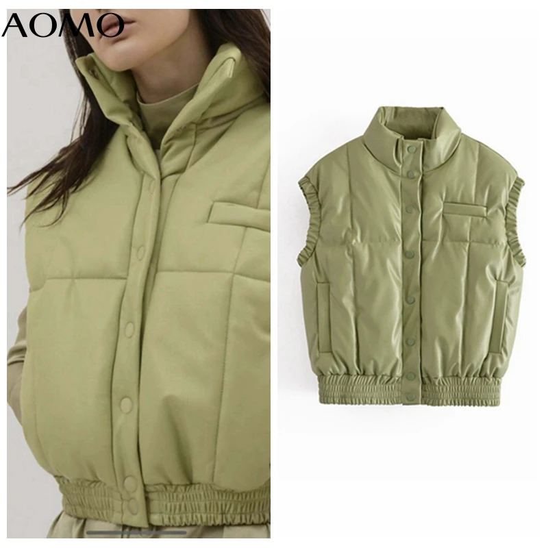 

Женская зеленая безрукавка AOMO из искусственной кожи, толстые парки на 2021 пуговицах, женское теплое элегантное пальто QN158A