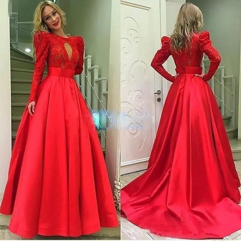 

Lace Long Sleeves Evening Dresses Keyhole O-Neck Bride robe de soirée de mariage Zipper Back Satin A Line Women Prom Party Gowns