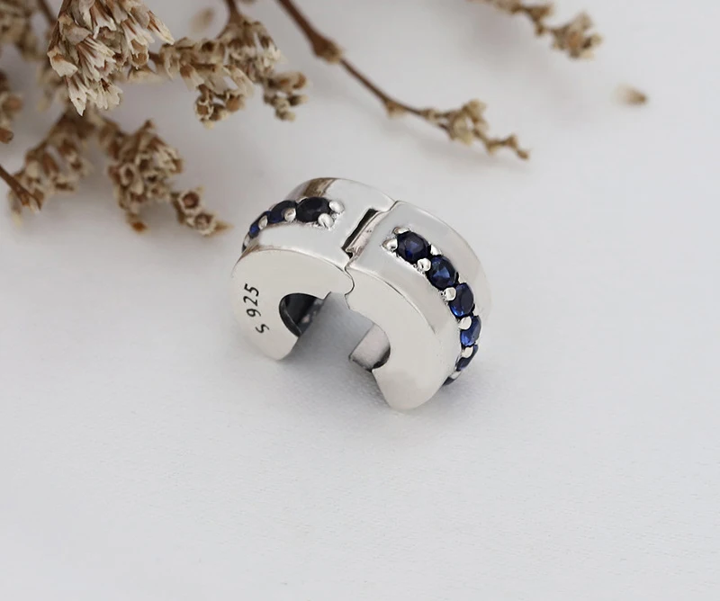 

Anomokay New Sterling 925 Silver Locker Charm Pave with Dark Blue Crystal Fashion Silver Stopper Avoid Beads Fall Out