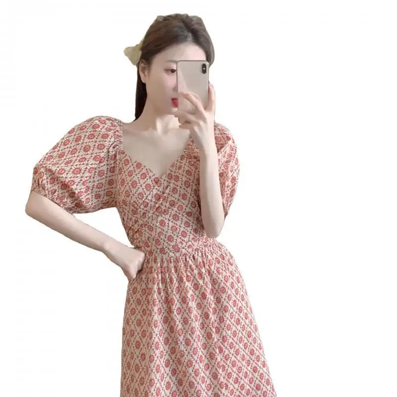 

Summer Women V Neck Floral Print Dress Chiffon Elegant Backless Casual Maxi Dresses Beach Vestido Gift