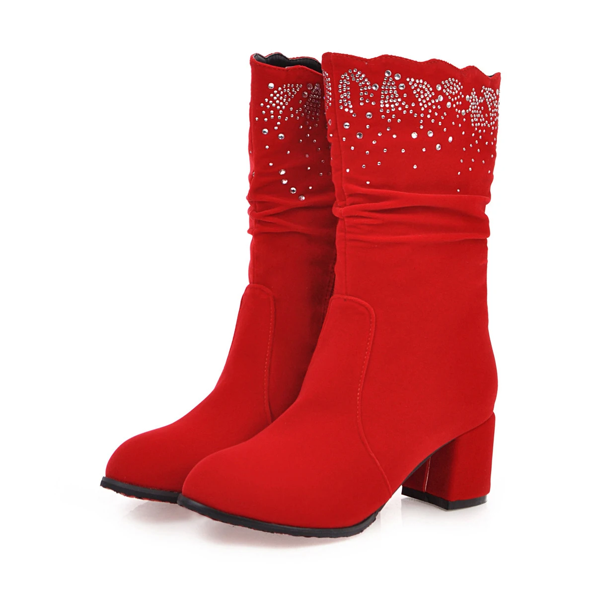 2021 New Autumn Winter Mid-Calf Boots Women Black Red Flock High Heels Fashion Female Rhinestone Round Toe Zipper Shoes M140