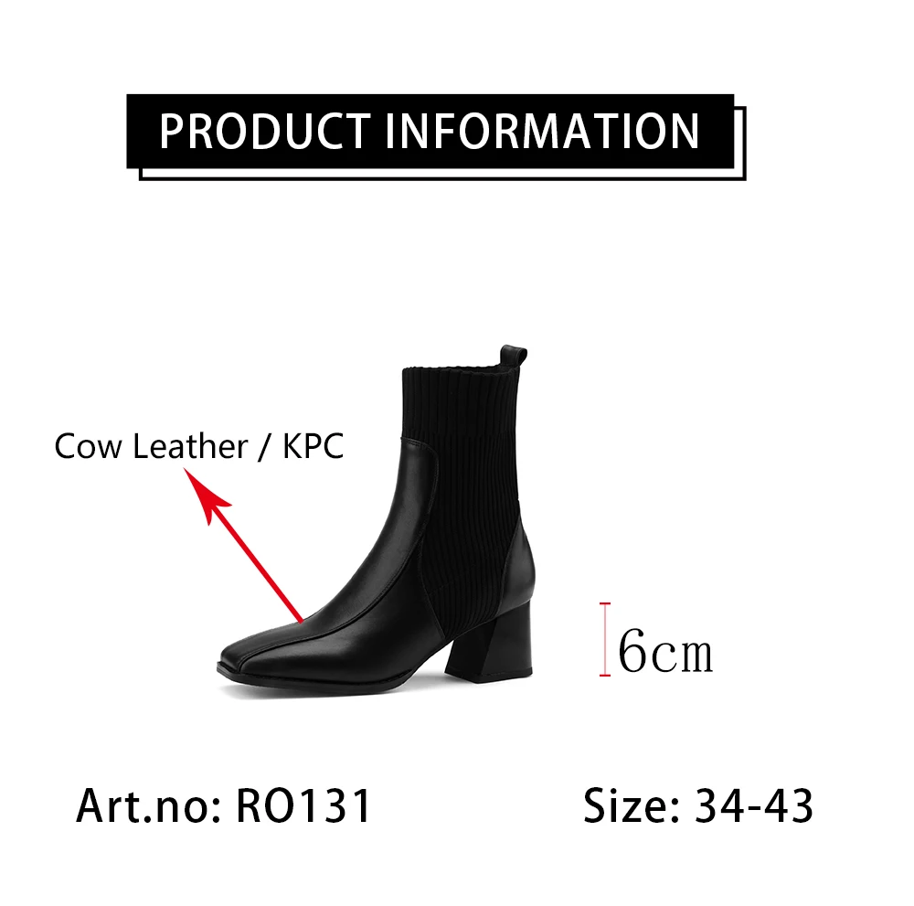 

RO Fashion New Square Head Women's Boots Genuine Leather Square Low-Heel Ankle Boots Stretch Knit Sock Boots Women's Boots RO131