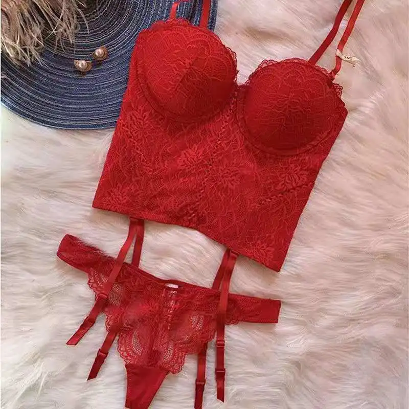 

New European and American Sexy Lace Bra Women's Thong Garter And Sexy Underwear Set Women Lingerie Suit