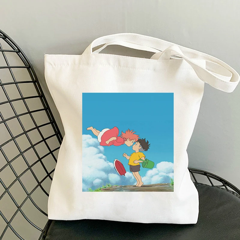 

Goldfish Under the Cliff Tote Bags Canvas Bag Shoping Designer Handbags Kawaii Customizable Logo 2021 Printed White Grocery Hand