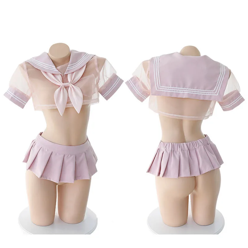 

Anime School Girls Cosplay Costume Cute & Sexy Pink Sailor Uniform Dress Mini Skirt Mesh Perspective Lingerie Set Exotic Apparel