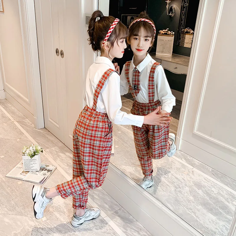 

Spring Autumn Girls Fashion Clothes Children White Shirt & Plaid Overalls 2pcs/sets Kid Casual Outfits Teen Girls Clothes Set
