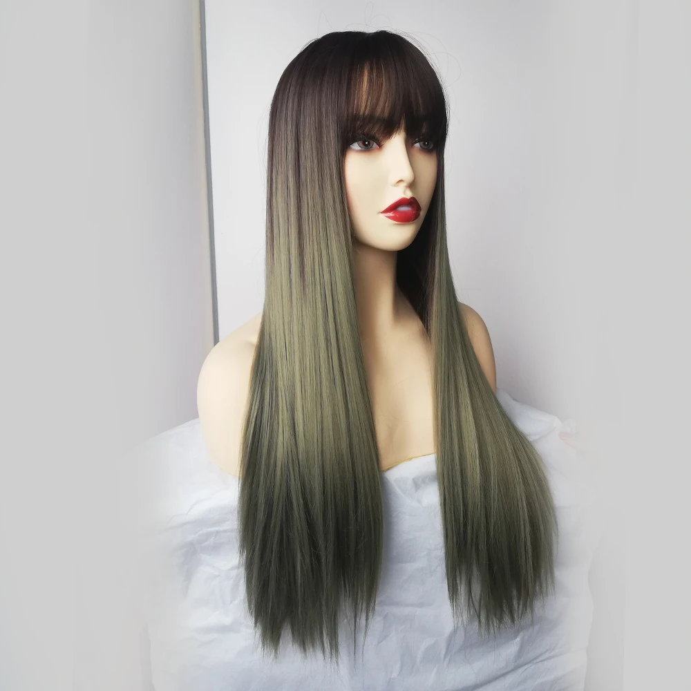 Длинные прямые синтетические парики с челкой Омбре коричневые зеленые