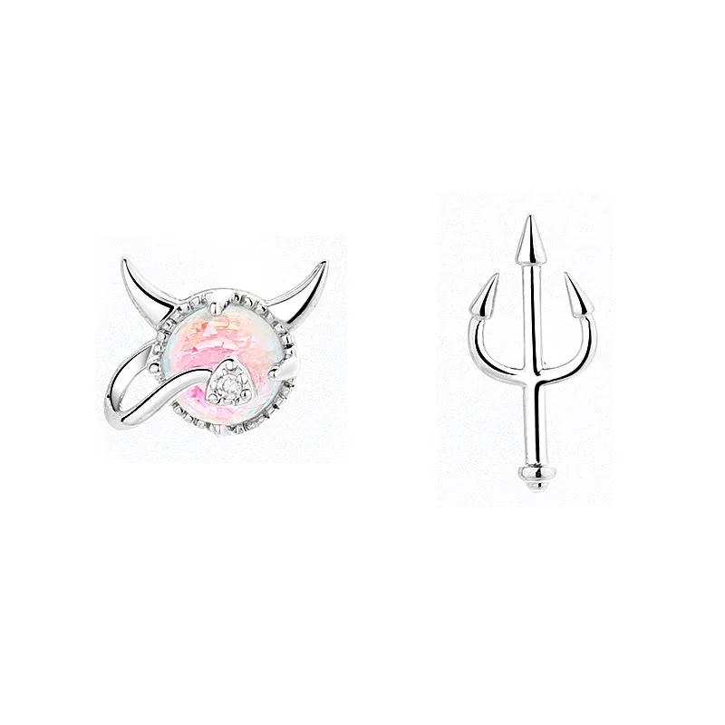 

LISM 925 Sterling Silver Small Devil Earrings Female Cute Simple Moonstone Asymmetrical Earrings Wedding Jewelry Gifts
