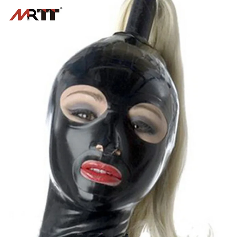 

Сексуальный черный латексный капюшон с резиновыми волосами