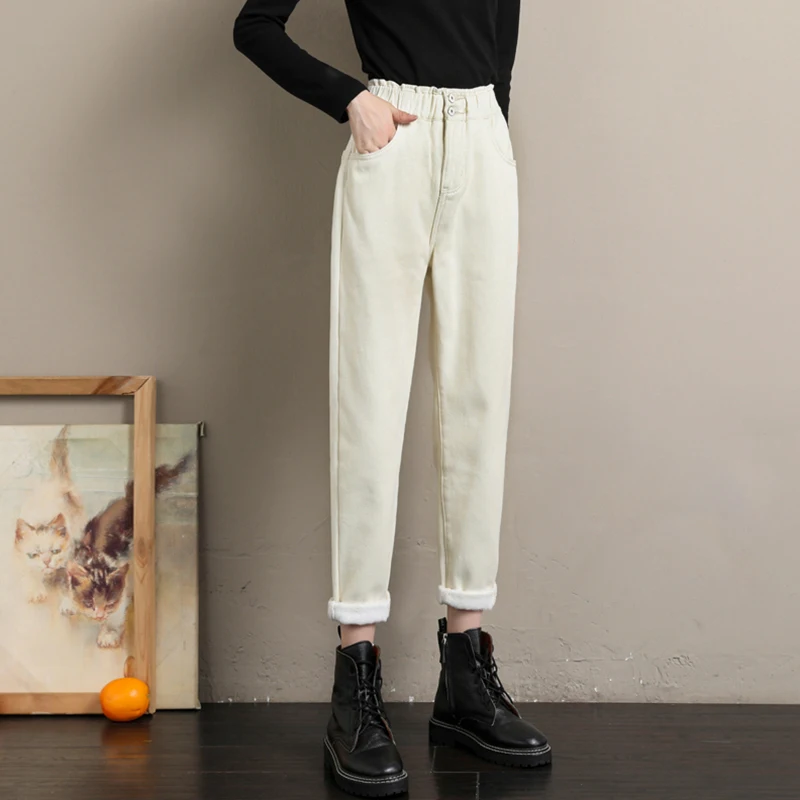 Womens 2021 Autumn And Winter Jeans Fashion High Waist Pants Casual Jeans Women Warm Harem Trousers