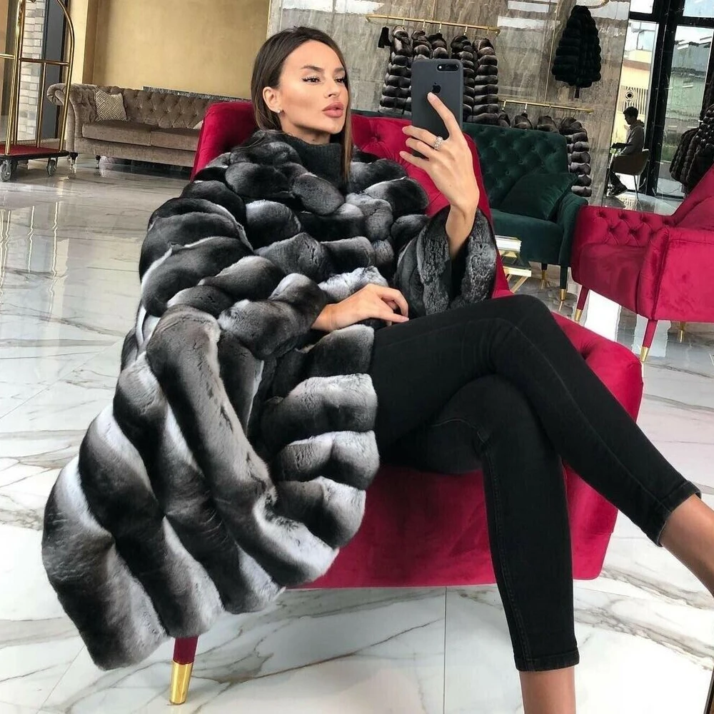 2022 New Trendy Real Rex Rabbit Fur Coat with Turn-down Collar High Quality Genuine Rex Rabbit Fur Coats Natural Fur Overcoats