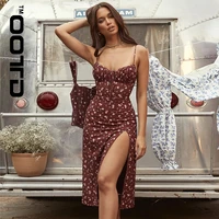 ootd new asia wine floral dress women prairie chic spaghetti straps backless chest draped lace up side split sexy long dresses