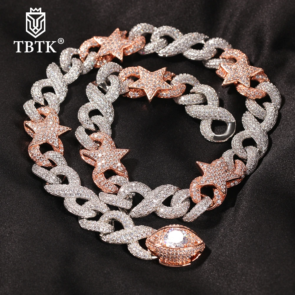 TBTK Two Tone 16MM Miami Eye Lock Cuban Chain With Five-pointed Star Necklace Iced Cubic Zirconia Charm HipHop Jewelry
