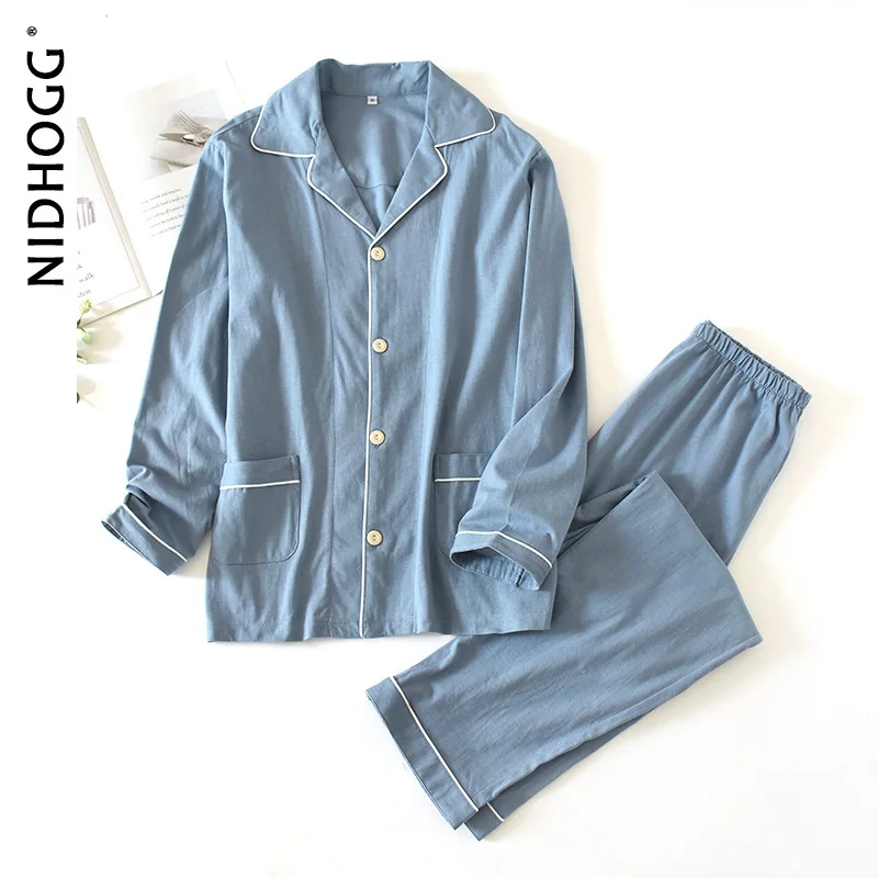 

Couples Pajamas Women Cotton Long Sleeve Trousers Sleepwear Two Piece Set Autumn Solid Color Knitted Pijama Mujer Men Loungewear