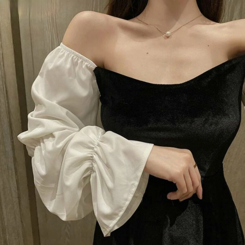 

Dress Women Long Sleeve Sexy Puff Sleeve Mini One-piece Women Dresses Defined-Waist Off Shoulder Ladies Patchwork Korean Style