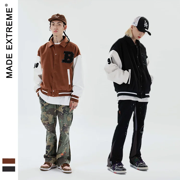 

Мужская куртка-бомбер в стиле пэчворк, коричневая бейсбольная куртка, уличная одежда в стиле Харадзюку, 783