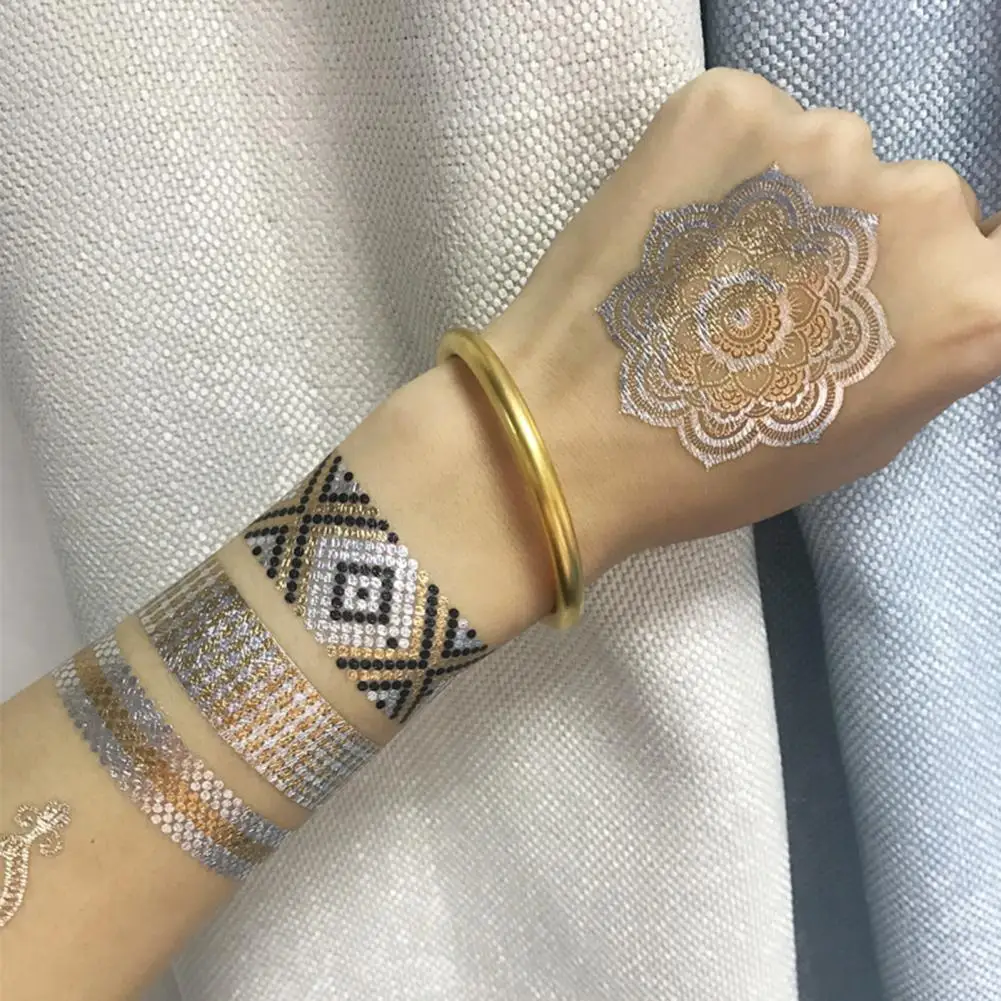 

Hot Sale Metallic Waterproof Temporary Tattoo Gold Silver Tatoo Women Henna Flower Taty Design Tattoo Sticker