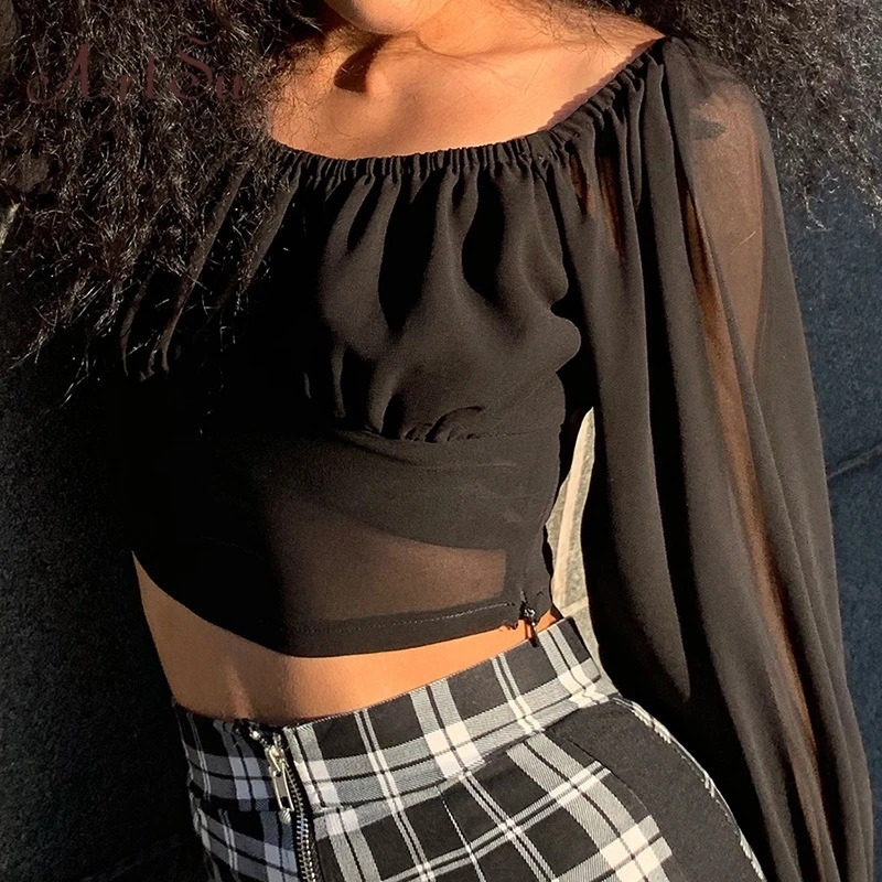 Женская шифоновая блузка ArtSu черная с вырезом лодочкой и расклешенными рукавами