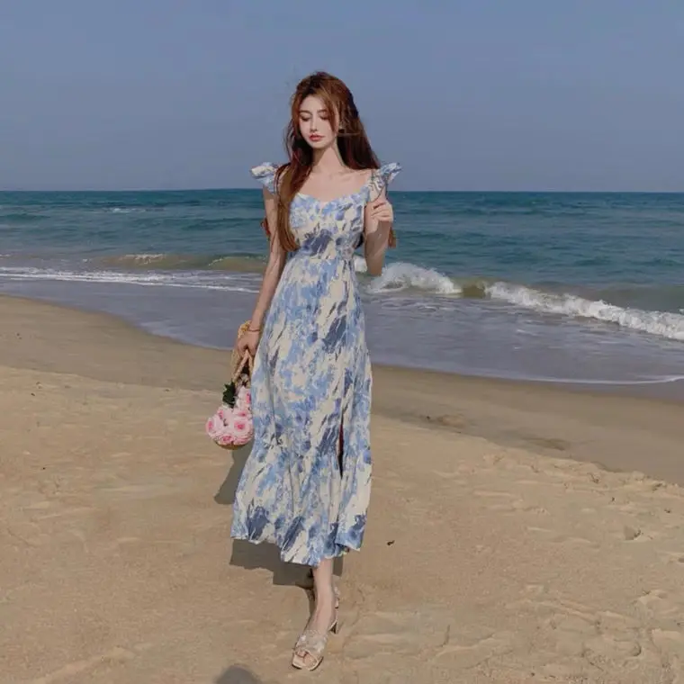 

French holiday skirt high waist split fairy super fairy fishtail skirt 2021 summer new strapless suspender long skirt dress