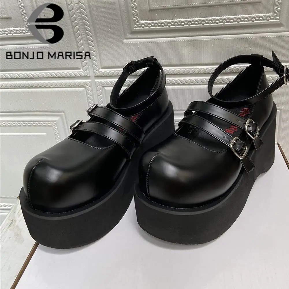 Женские туфли на танкетке BONJOMARISA черные лодочки платформе с двойной пряжкой для