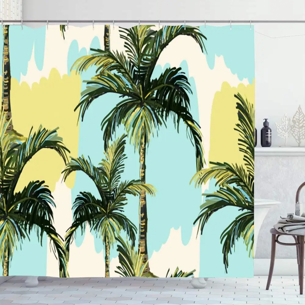 

Shower Curtain Set with Hooks Jungle Floral Summer Tree Pattern Natural Plant Fashion Island Vintage Black Tropic Tropical