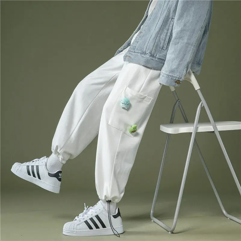 

2020 autumn and winter sweatpants men's loose velvet thick sports pants tide brand trend drawstring waist white Free shipping