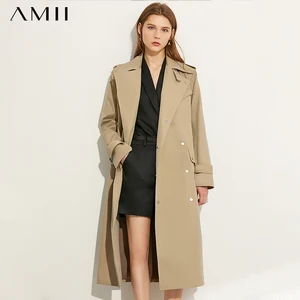 Женская однотонная ветровка AMII в минималистском стиле, двубортное пальто с лацканами и поясом, 12070333