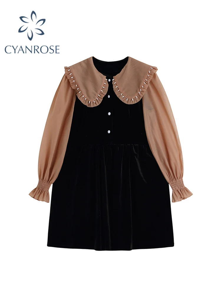 

Autumn Women Vintage Velvet Black Dress Peter Pan Collar Party High Waist Slim Vestidos Korean Elegant Female A-Line Mini Dress