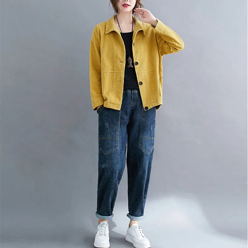 

Corduroy Spring Autumn Femme Loose Stand-up Collar Long-Sleeved Single-breasted Blouse All-match Commuter Jacket Women J087