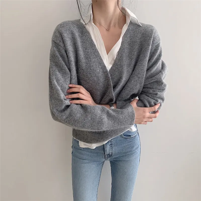 Женский однотонный вязаный джемпер HziriP свободный элегантный Однотонный свитер с
