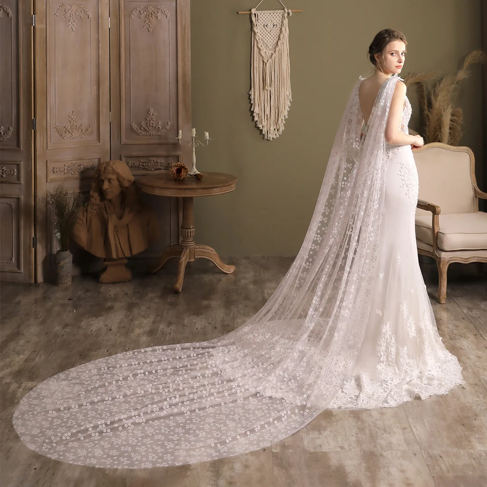 

Fairy Floral Lace Wedding Veil Bridal Cape Tulle with Buttlerful Applique Wedding Accessories 2.7*1.8m