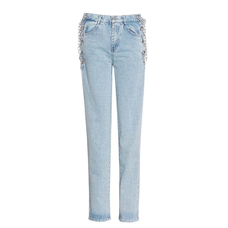 

SISPELL Patchwork Chain Hollow For Female Straight Denim Trousers High Waist Sexy Womens Pants 2020 Streetwear Fashion New 2020