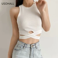 usohall summer new solid hollow out o neck slim knit crop top women sleeveless tank tops